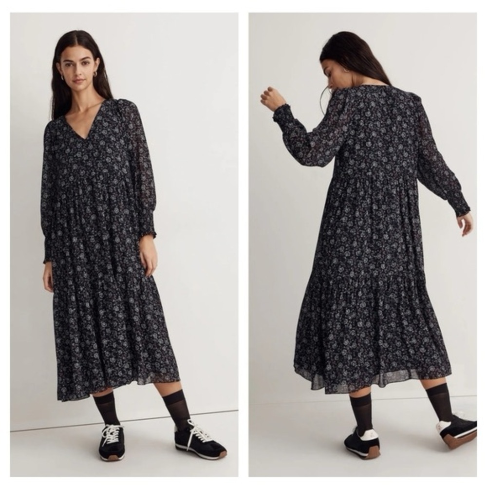 Madewell Georgette V-Neck Tiered Midi Dress in Enchanted Floral Size S
